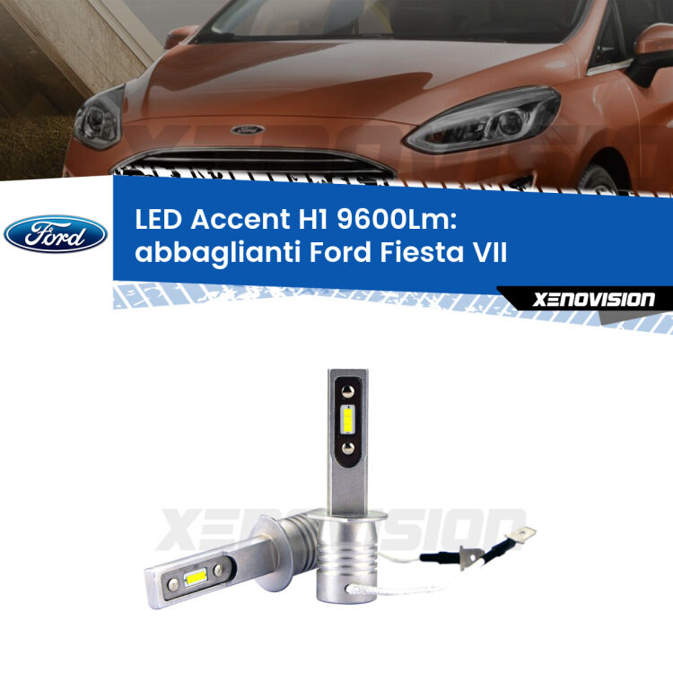 Abbaglianti LED H1 9600Lm per Ford Fiesta Mk7 restyling <strong>Kit LED Abbaglianti per Ford Fiesta</strong> Mk7 restyling.</strong> Coppia lampade <strong>H1</strong> senza ventola e ultracompatte per installazioni in fari senza spazi.