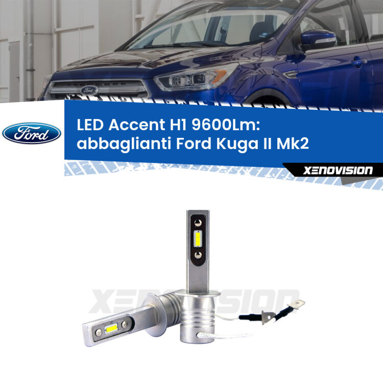 <strong>Kit LED Abbaglianti per Ford Kuga II</strong> Mk2 2017-2019.</strong> Coppia lampade <strong>H1</strong> senza ventola e ultracompatte per installazioni in fari senza spazi.