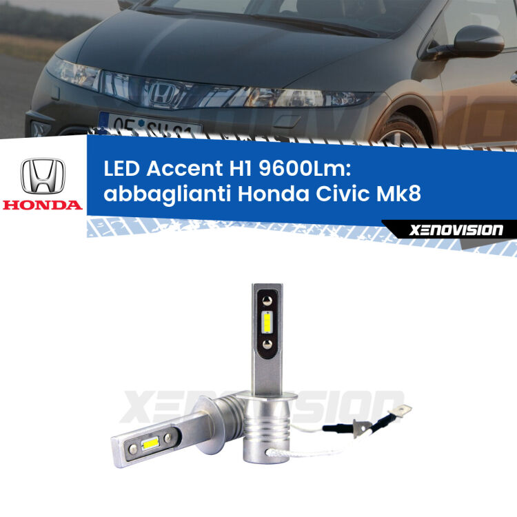 Abbaglianti LED H1 9600Lm per Honda Civic Mk8 2005 -2010 <strong>Kit LED Abbaglianti per Honda Civic</strong> Mk8 2005 -2010.</strong> Coppia lampade <strong>H1</strong> senza ventola e ultracompatte per installazioni in fari senza spazi.