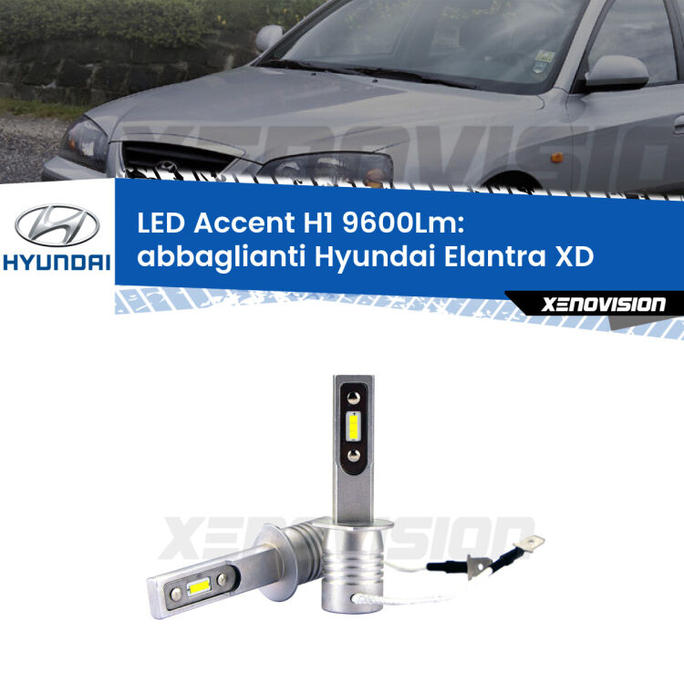 Abbaglianti LED H1 9600Lm per Hyundai Elantra XD 2000 -2006 <strong>Kit LED Abbaglianti per Hyundai Elantra</strong> XD 2000 -2006.</strong> Coppia lampade <strong>H1</strong> senza ventola e ultracompatte per installazioni in fari senza spazi.