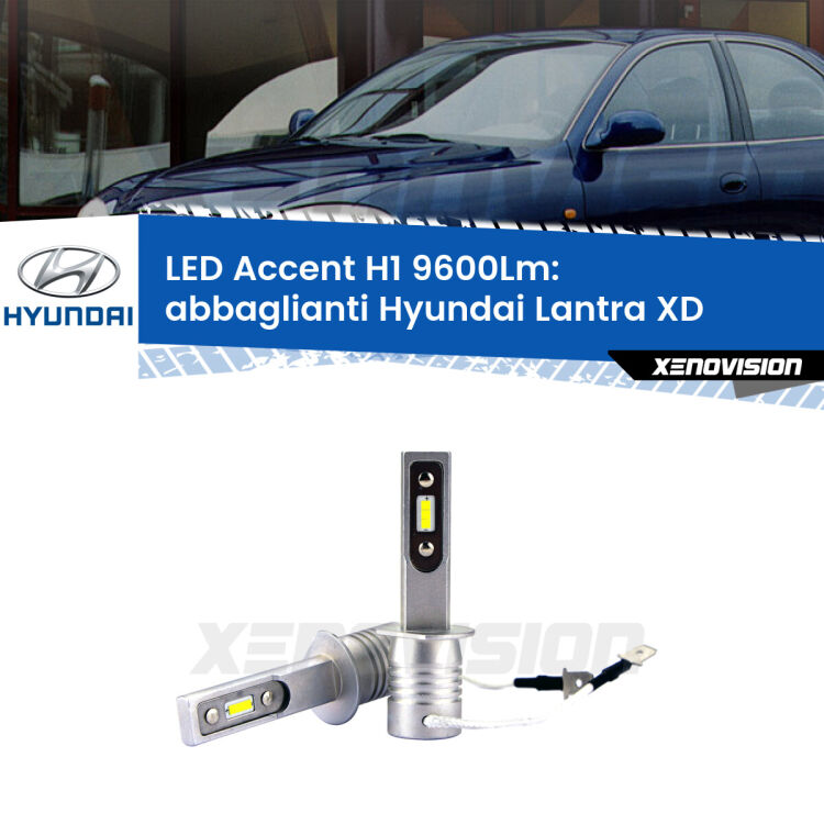 Abbaglianti LED H1 9600Lm per Hyundai Lantra XD 2000 -2006 <strong>Kit LED Abbaglianti per Hyundai Lantra</strong> XD 2000 -2006.</strong> Coppia lampade <strong>H1</strong> senza ventola e ultracompatte per installazioni in fari senza spazi.