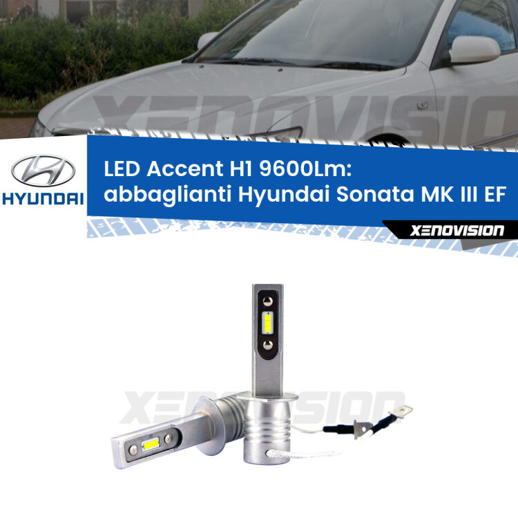 <strong>Kit LED Abbaglianti per Hyundai Sonata MK III</strong> EF 2002-2004.</strong> Coppia lampade <strong>H1</strong> senza ventola e ultracompatte per installazioni in fari senza spazi.