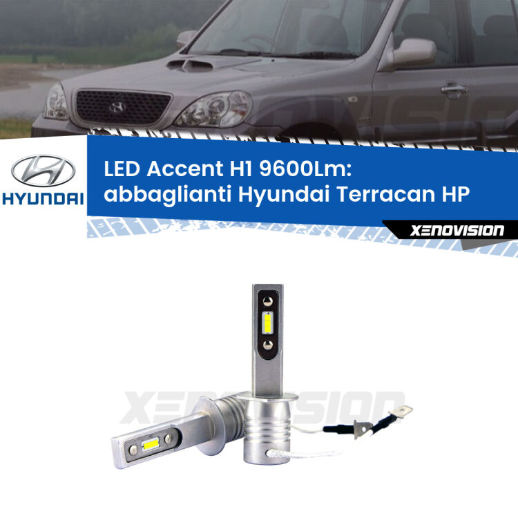 0 Abbaglianti LED H1 9600Lm per Hyundai Terracan HP 2001 -2006 <strong>Kit LED Abbaglianti per Hyundai Terracan</strong> HP 2001 -2006.</strong> Coppia lampade <strong>H1</strong> senza ventola e ultracompatte per installazioni in fari senza spazi.
