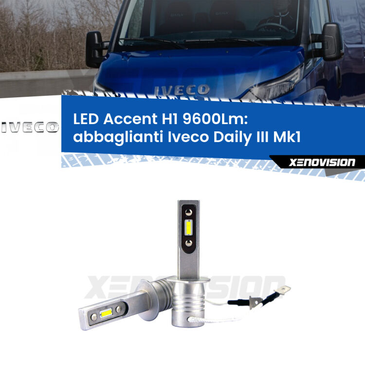 Abbaglianti LED H1 9600Lm per Iveco Daily III Mk1 2014 -2016 <strong>Kit LED Abbaglianti per Iveco Daily III</strong> Mk1 2014 -2016.</strong> Coppia lampade <strong>H1</strong> senza ventola e ultracompatte per installazioni in fari senza spazi.