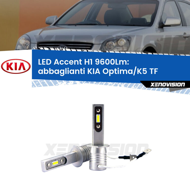 <strong>Kit LED Abbaglianti per KIA Optima/K5</strong> TF 2010-2013.</strong> Coppia lampade <strong>H1</strong> senza ventola e ultracompatte per installazioni in fari senza spazi.