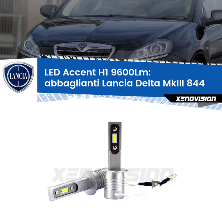 Abbaglianti LED H1 9600Lm per Lancia Delta MkIII 844 con fari Bi-Xenon <strong>Kit LED Abbaglianti per Lancia Delta MkIII</strong> 844 con fari Bi-Xenon.</strong> Coppia lampade <strong>H1</strong> senza ventola e ultracompatte per installazioni in fari senza spazi.