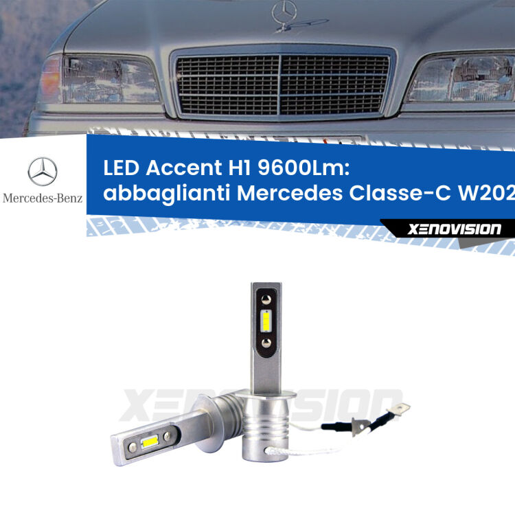 <strong>Kit LED Abbaglianti per Mercedes Classe-C</strong> W202 1993-2000.</strong> Coppia lampade <strong>H1</strong> senza ventola e ultracompatte per installazioni in fari senza spazi.
