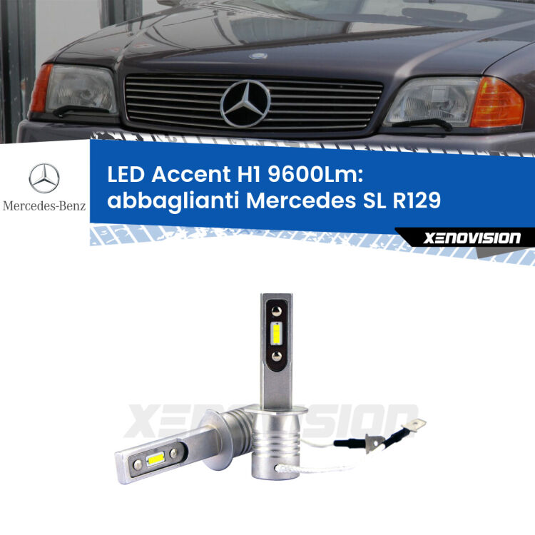 <strong>Kit LED Abbaglianti per Mercedes SL</strong> R129 con fari Xenon.</strong> Coppia lampade <strong>H1</strong> senza ventola e ultracompatte per installazioni in fari senza spazi.