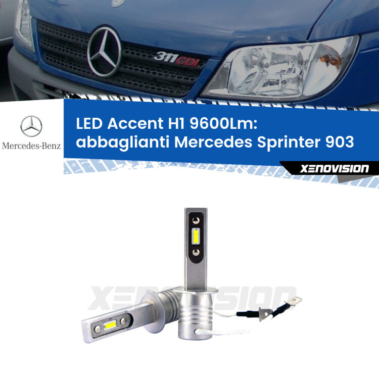 Abbaglianti LED H1 9600Lm per Mercedes Sprinter 903 1995 -2002 <strong>Kit LED Abbaglianti per Mercedes Sprinter</strong> 903 1995 -2002.</strong> Coppia lampade <strong>H1</strong> senza ventola e ultracompatte per installazioni in fari senza spazi.
