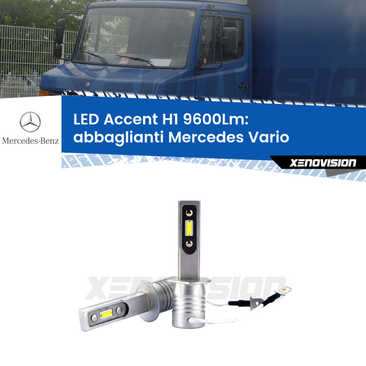<strong>Kit LED Abbaglianti per Mercedes Vario</strong>  1996-2013.</strong> Coppia lampade <strong>H1</strong> senza ventola e ultracompatte per installazioni in fari senza spazi.