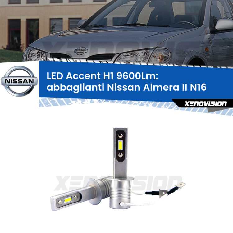 <strong>Kit LED Abbaglianti per Nissan Almera II</strong> N16 2000-2002.</strong> Coppia lampade <strong>H1</strong> senza ventola e ultracompatte per installazioni in fari senza spazi.
