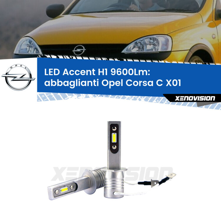 <strong>Kit LED Abbaglianti per Opel Corsa C</strong> X01 con fari Valeo.</strong> Coppia lampade <strong>H1</strong> senza ventola e ultracompatte per installazioni in fari senza spazi.