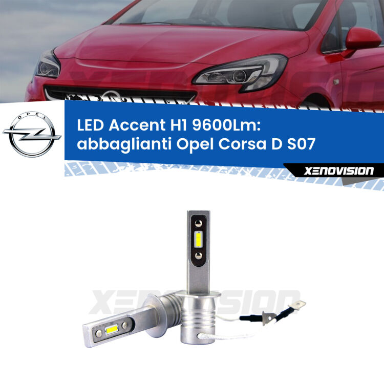 Abbaglianti LED H1 9600Lm per Opel Corsa D S07 senza luci svolta <strong>Kit LED Abbaglianti per Opel Corsa D</strong> S07 senza luci svolta.</strong> Coppia lampade <strong>H1</strong> senza ventola e ultracompatte per installazioni in fari senza spazi.