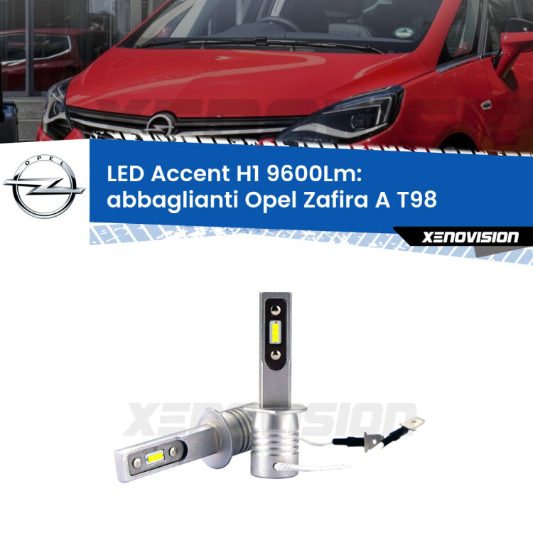 Abbaglianti LED H1 9600Lm per Opel Zafira A T98 2003 -2005 <strong>Kit LED Abbaglianti per Opel Zafira A</strong> T98 2003 -2005.</strong> Coppia lampade <strong>H1</strong> senza ventola e ultracompatte per installazioni in fari senza spazi.