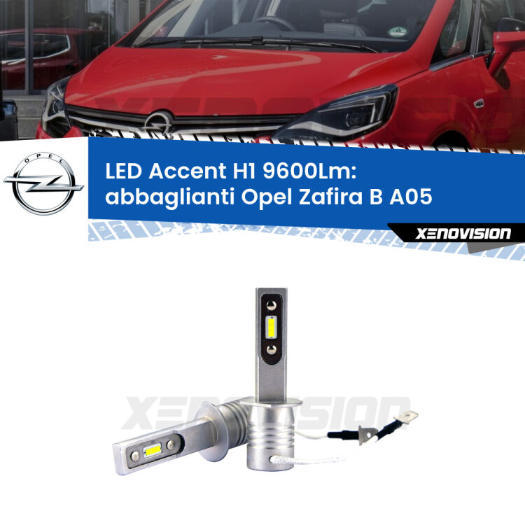 Abbaglianti LED H1 9600Lm per Opel Zafira B A05 2005 -2015 <strong>Kit LED Abbaglianti per Opel Zafira B</strong> A05 2005 -2015.</strong> Coppia lampade <strong>H1</strong> senza ventola e ultracompatte per installazioni in fari senza spazi.