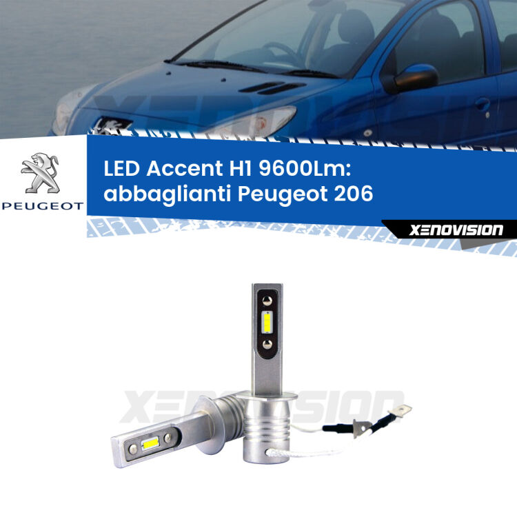 <strong>Kit LED Abbaglianti per Peugeot 206</strong>  2007-2009.</strong> Coppia lampade <strong>H1</strong> senza ventola e ultracompatte per installazioni in fari senza spazi.