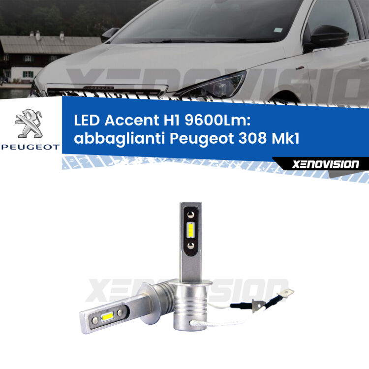 Abbaglianti LED H1 9600Lm per Peugeot 308 Mk1 2007 -2012 <strong>Kit LED Abbaglianti per Peugeot 308</strong> Mk1 2007 -2012.</strong> Coppia lampade <strong>H1</strong> senza ventola e ultracompatte per installazioni in fari senza spazi.