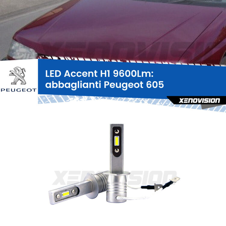 <strong>Kit LED Abbaglianti per Peugeot 605</strong>  1989-1994.</strong> Coppia lampade <strong>H1</strong> senza ventola e ultracompatte per installazioni in fari senza spazi.