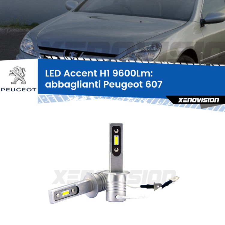 Abbaglianti LED H1 9600Lm per Peugeot 607 2000 -2010 <strong>Kit LED Abbaglianti per Peugeot 607</strong> 2000 -2010.</strong> Coppia lampade <strong>H1</strong> senza ventola e ultracompatte per installazioni in fari senza spazi.
