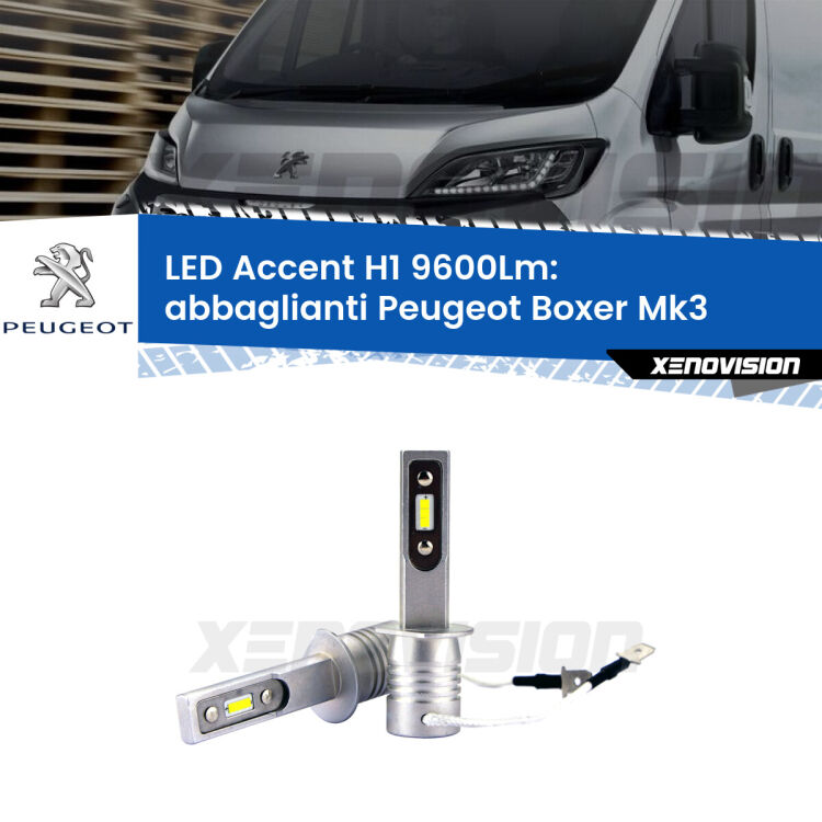 Abbaglianti LED H1 9600Lm per Peugeot Boxer Mk3 2006 -2014 <strong>Kit LED Abbaglianti per Peugeot Boxer</strong> Mk3 2006 -2014.</strong> Coppia lampade <strong>H1</strong> senza ventola e ultracompatte per installazioni in fari senza spazi.