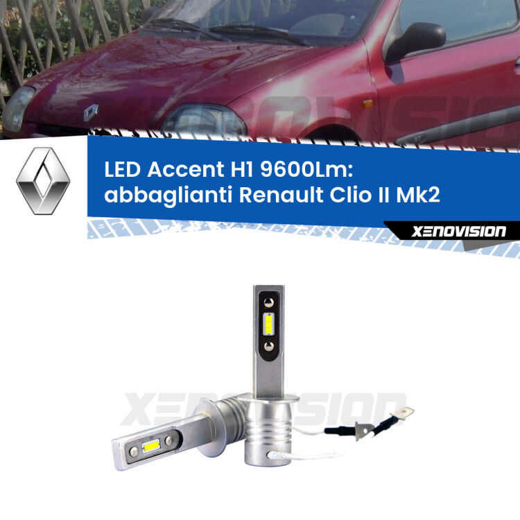 Abbaglianti LED H1 9600Lm per Renault Clio II Mk2 a parabola doppia <strong>Kit LED Abbaglianti per Renault Clio II</strong> Mk2 a parabola doppia.</strong> Coppia lampade <strong>H1</strong> senza ventola e ultracompatte per installazioni in fari senza spazi.
