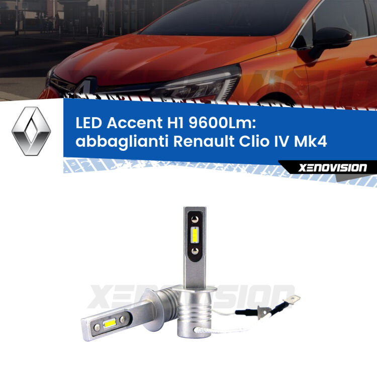 Abbaglianti LED H1 9600Lm per Renault Clio IV 2012 -2018 <strong>Kit LED Abbaglianti per Renault Clio IV</strong> 2012 -2018.</strong> Coppia lampade <strong>H1</strong> senza ventola e ultracompatte per installazioni in fari senza spazi.