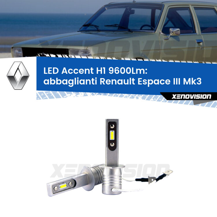<strong>Kit LED Abbaglianti per Renault Espace III</strong> Mk3 1996-2000.</strong> Coppia lampade <strong>H1</strong> senza ventola e ultracompatte per installazioni in fari senza spazi.