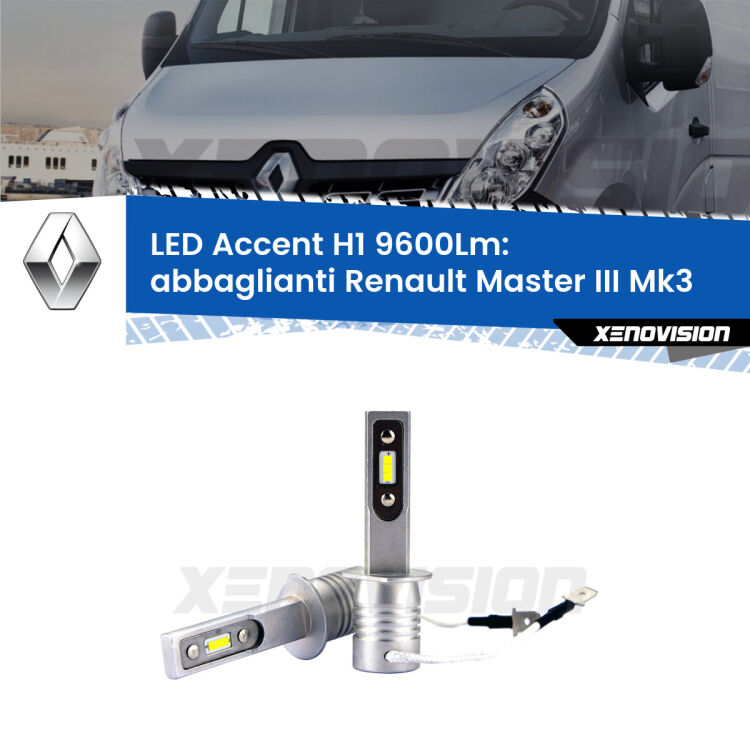 Abbaglianti LED H1 9600Lm per Renault Master III Mk3 2010 in poi <strong>Kit LED Abbaglianti per Renault Master III</strong> Mk3 2010 in poi.</strong> Coppia lampade <strong>H1</strong> senza ventola e ultracompatte per installazioni in fari senza spazi.