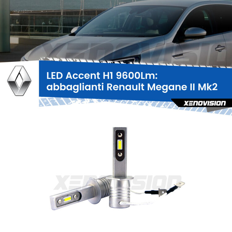 <strong>Kit LED Abbaglianti per Renault Megane II</strong> Mk2 2002-2007.</strong> Coppia lampade <strong>H1</strong> senza ventola e ultracompatte per installazioni in fari senza spazi.