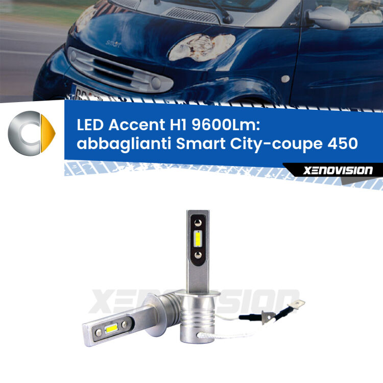 <strong>Kit LED Abbaglianti per Smart City-coupe</strong> 450 restyling.</strong> Coppia lampade <strong>H1</strong> senza ventola e ultracompatte per installazioni in fari senza spazi.