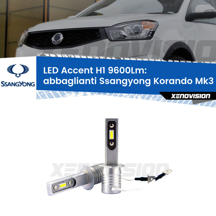 <strong>Kit LED Abbaglianti per Ssangyong Korando</strong> Mk3 2013-2019.</strong> Coppia lampade <strong>H1</strong> senza ventola e ultracompatte per installazioni in fari senza spazi.