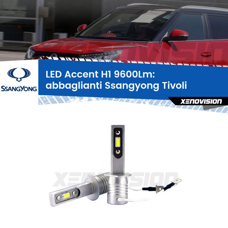 Abbaglianti LED H1 9600Lm per Ssangyong Tivoli  2015 in poi <strong>Kit LED Abbaglianti per Ssangyong Tivoli</strong>  2015 in poi.</strong> Coppia lampade <strong>H1</strong> senza ventola e ultracompatte per installazioni in fari senza spazi.