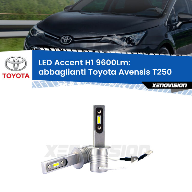 Abbaglianti LED H1 9600Lm per Toyota Avensis T250 2003 -2008 <strong>Kit LED Abbaglianti per Toyota Avensis</strong> T250 2003 -2008.</strong> Coppia lampade <strong>H1</strong> senza ventola e ultracompatte per installazioni in fari senza spazi.