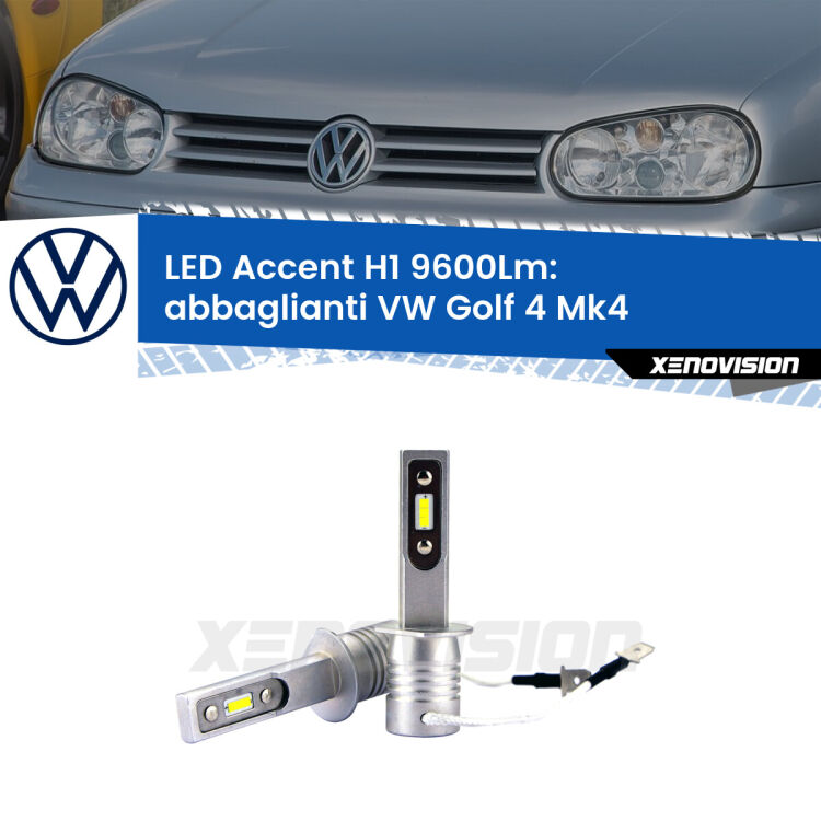 <strong>Kit LED Abbaglianti per VW Golf 4</strong> Mk4 1997-2005.</strong> Coppia lampade <strong>H1</strong> senza ventola e ultracompatte per installazioni in fari senza spazi.