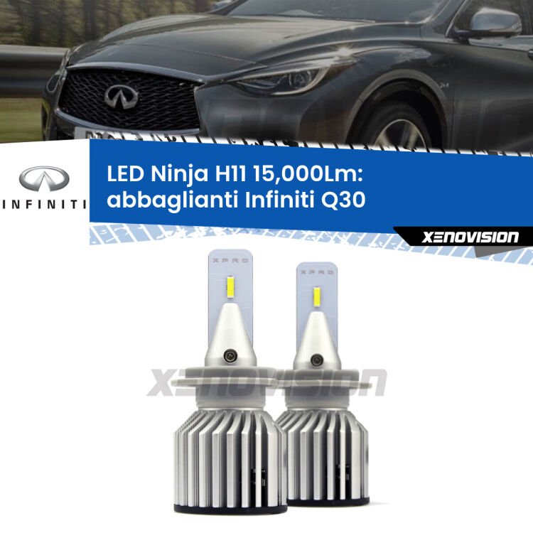 <strong>Kit abbaglianti LED specifico per Infiniti Q30</strong>  2015-2019. Lampade <strong>H11</strong> Canbus da 15.000Lumen di luminosità modello Ninja Xenovision.