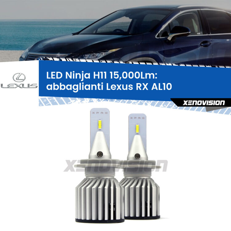 <strong>Kit abbaglianti LED specifico per Lexus RX</strong> AL10 in poi. Lampade <strong>H11</strong> Canbus da 15.000Lumen di luminosità modello Ninja Xenovision.