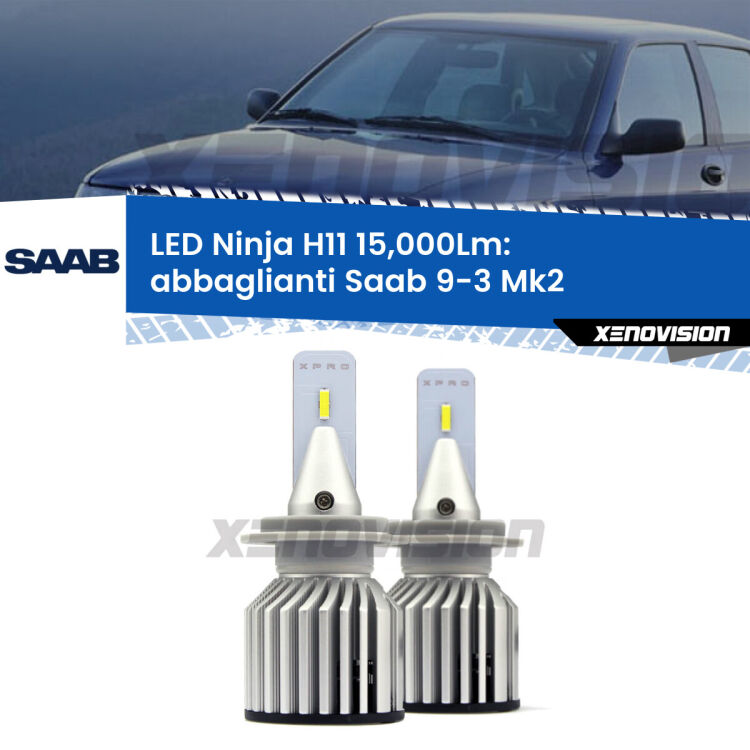 <strong>Kit abbaglianti LED specifico per Saab 9-3</strong> Mk2 2008-2015. Lampade <strong>H11</strong> Canbus da 15.000Lumen di luminosità modello Ninja Xenovision.