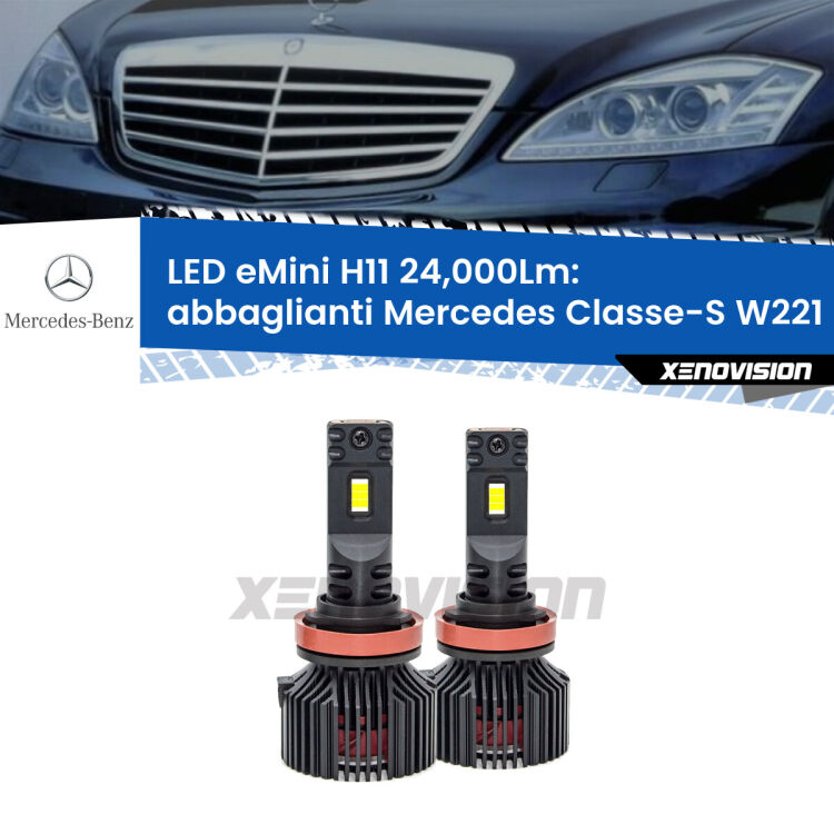 <strong>Kit abbaglianti LED specifico per Mercedes Classe-S</strong> W221 2005-2013. Lampade <strong>H11</strong> Canbus compatte da 24.000Lumen Eagle Mini Xenovision.