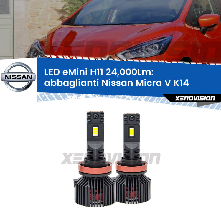 <strong>Kit abbaglianti LED specifico per Nissan Micra V</strong> K14 2016in poi. Lampade <strong>H11</strong> Canbus compatte da 24.000Lumen Eagle Mini Xenovision.