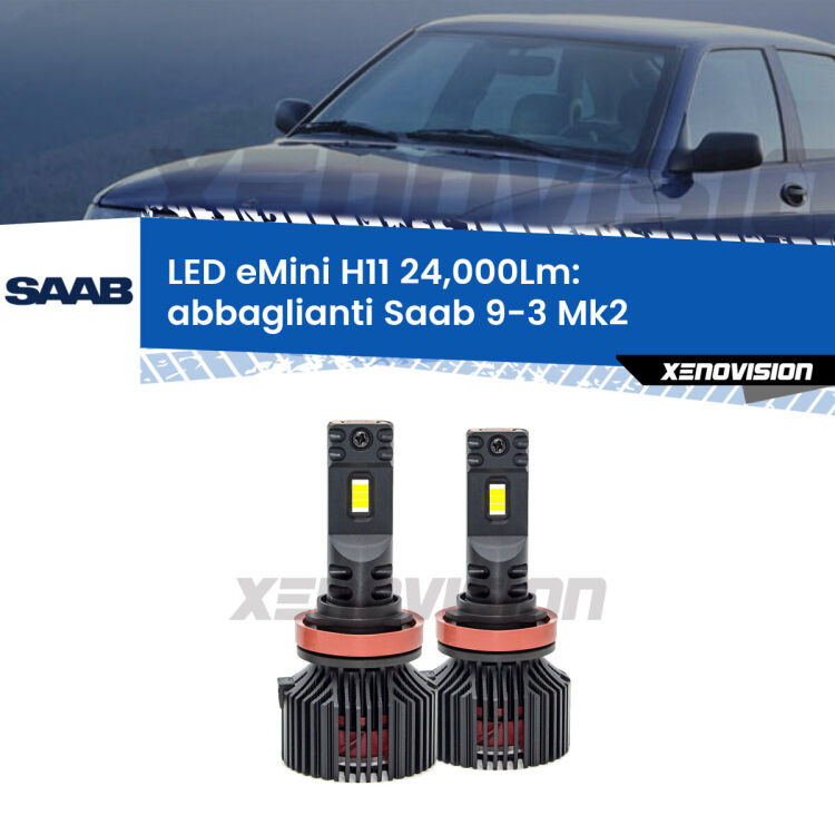 <strong>Kit abbaglianti LED specifico per Saab 9-3</strong> Mk2 2008-2015. Lampade <strong>H11</strong> Canbus compatte da 24.000Lumen Eagle Mini Xenovision.
