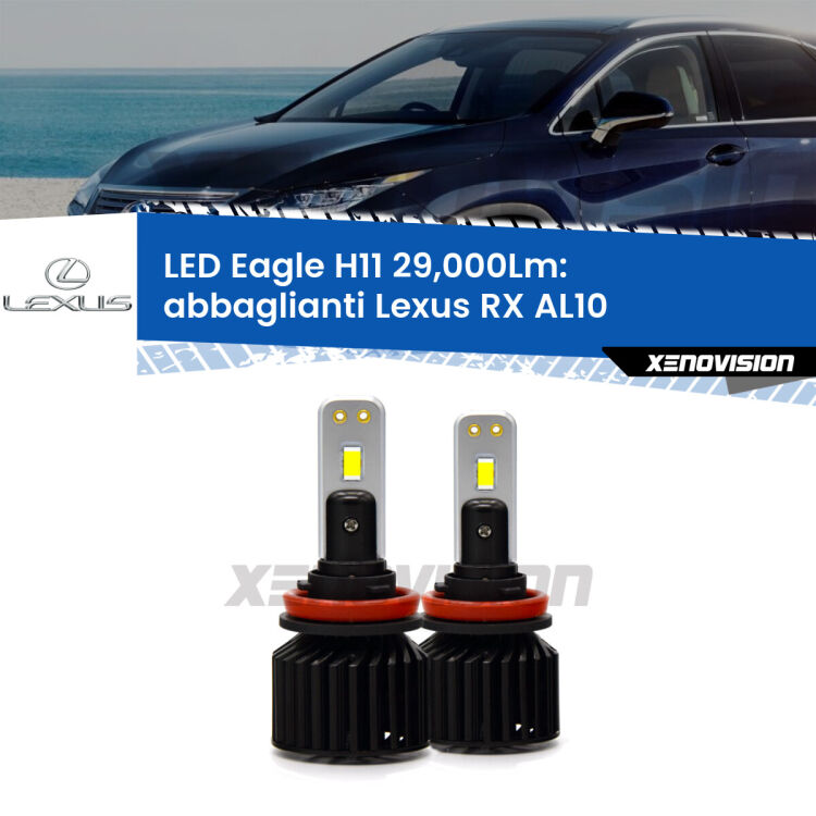 <strong>Kit abbaglianti LED specifico per Lexus RX</strong> AL10 in poi. Lampade <strong>H11</strong> Canbus da 29.000Lumen di luminosità modello Eagle Xenovision.