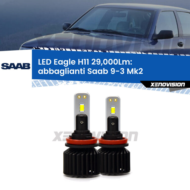 <strong>Kit abbaglianti LED specifico per Saab 9-3</strong> Mk2 2008-2015. Lampade <strong>H11</strong> Canbus da 29.000Lumen di luminosità modello Eagle Xenovision.