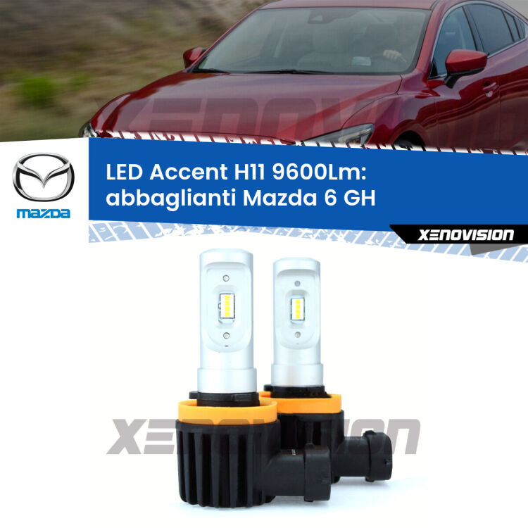 <strong>Kit LED Abbaglianti per Mazda 6</strong> GH 2007-2013.</strong> Coppia lampade <strong>H11</strong> senza ventola e ultracompatte per installazioni in fari senza spazi.