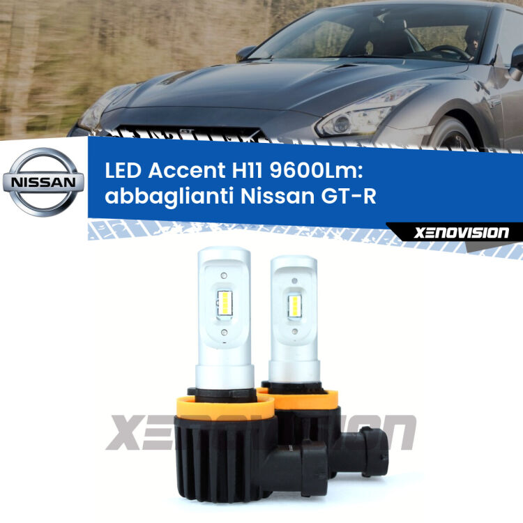 <strong>Kit LED Abbaglianti per Nissan GT-R</strong>  con fari Xenon.</strong> Coppia lampade <strong>H11</strong> senza ventola e ultracompatte per installazioni in fari senza spazi.