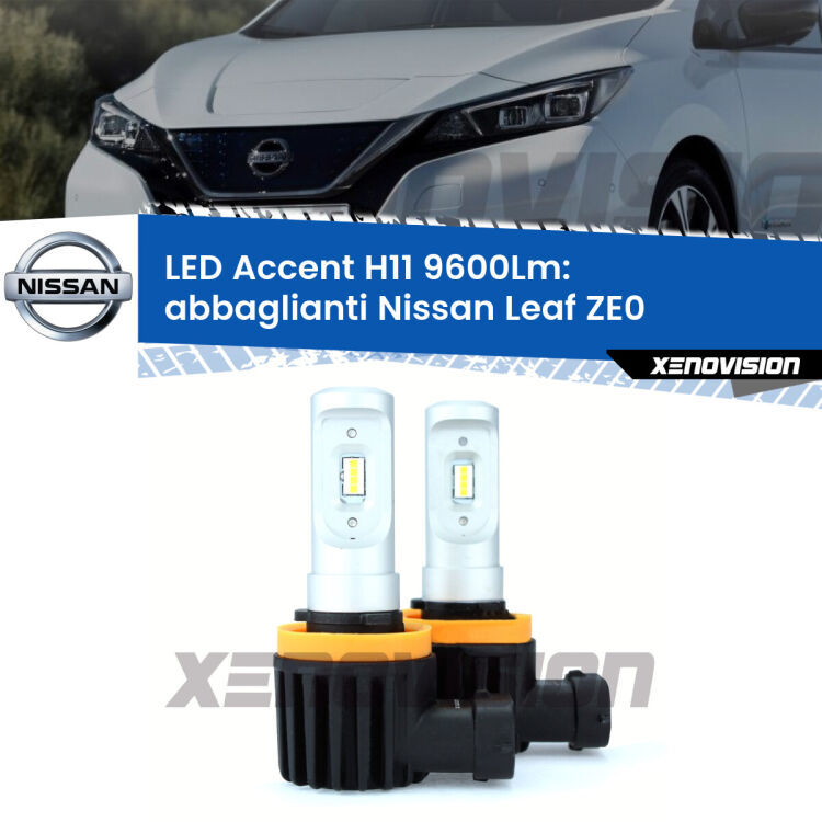 <strong>Kit LED Abbaglianti per Nissan Leaf</strong> ZE0 2010-2016.</strong> Coppia lampade <strong>H11</strong> senza ventola e ultracompatte per installazioni in fari senza spazi.