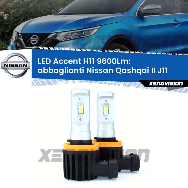 <strong>Kit LED Abbaglianti per Nissan Qashqai II</strong> J11 2017in poi.</strong> Coppia lampade <strong>H11</strong> senza ventola e ultracompatte per installazioni in fari senza spazi.