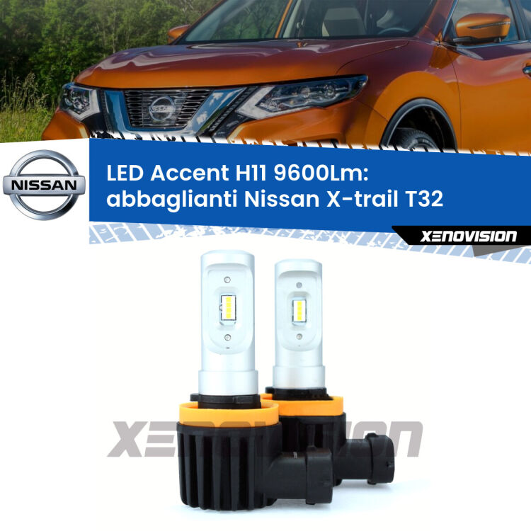 <strong>Kit LED Abbaglianti per Nissan X-trail</strong> T32 2013in poi.</strong> Coppia lampade <strong>H11</strong> senza ventola e ultracompatte per installazioni in fari senza spazi.