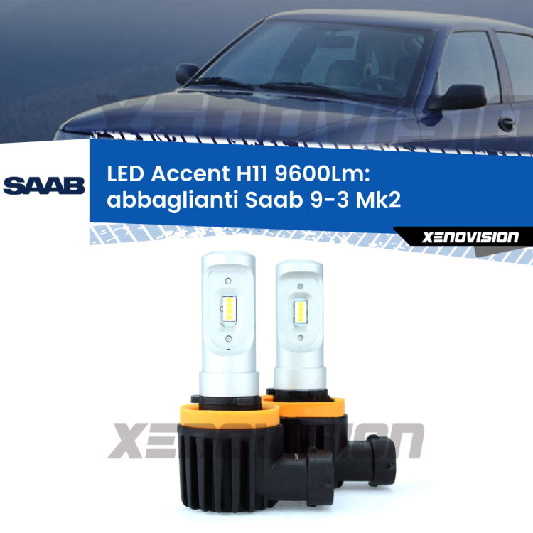 <strong>Kit LED Abbaglianti per Saab 9-3</strong> Mk2 2008-2015.</strong> Coppia lampade <strong>H11</strong> senza ventola e ultracompatte per installazioni in fari senza spazi.