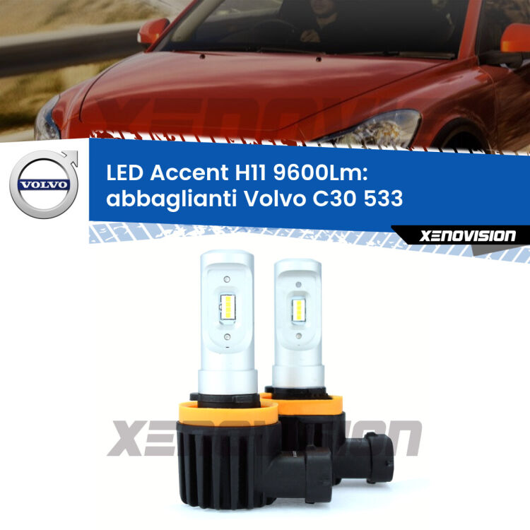 <strong>Kit LED Abbaglianti per Volvo C30</strong> 533 2010-2013.</strong> Coppia lampade <strong>H11</strong> senza ventola e ultracompatte per installazioni in fari senza spazi.