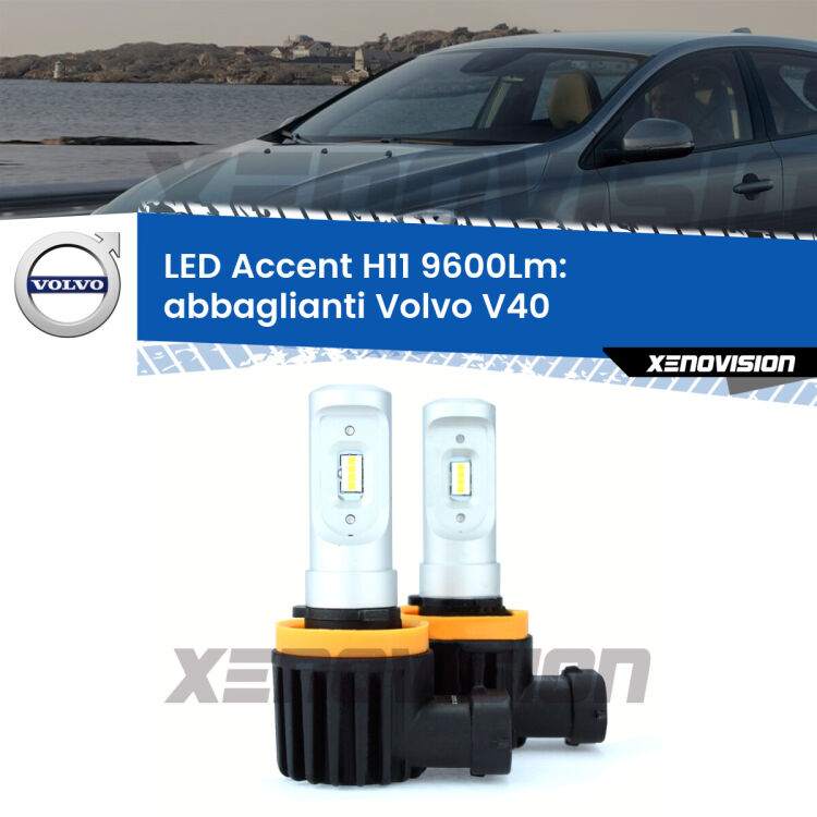 <strong>Kit LED Abbaglianti per Volvo V40</strong>  2012-2015.</strong> Coppia lampade <strong>H11</strong> senza ventola e ultracompatte per installazioni in fari senza spazi.